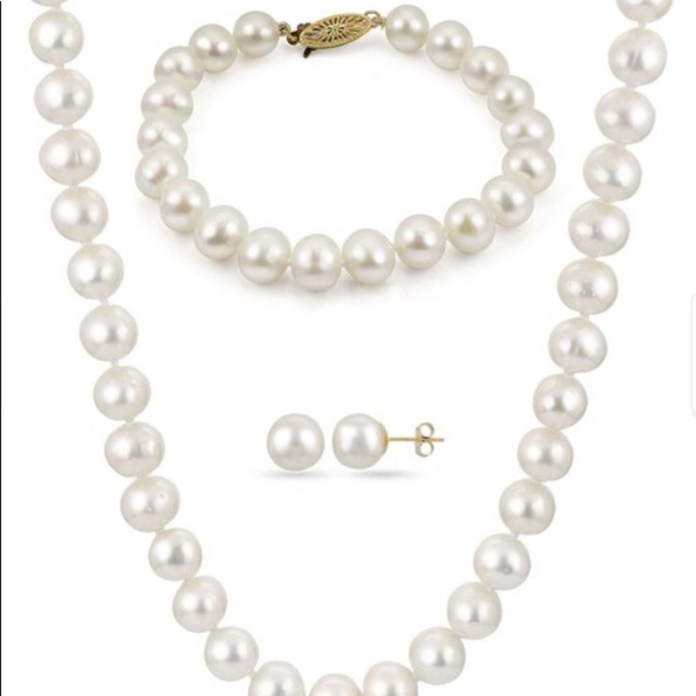 10K Gold White Freshwater Pearl Jewelry 3 pc Set